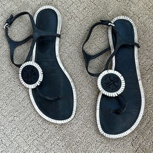 Tory Burch Leather Black Sandals with White Floral Detail Size 8